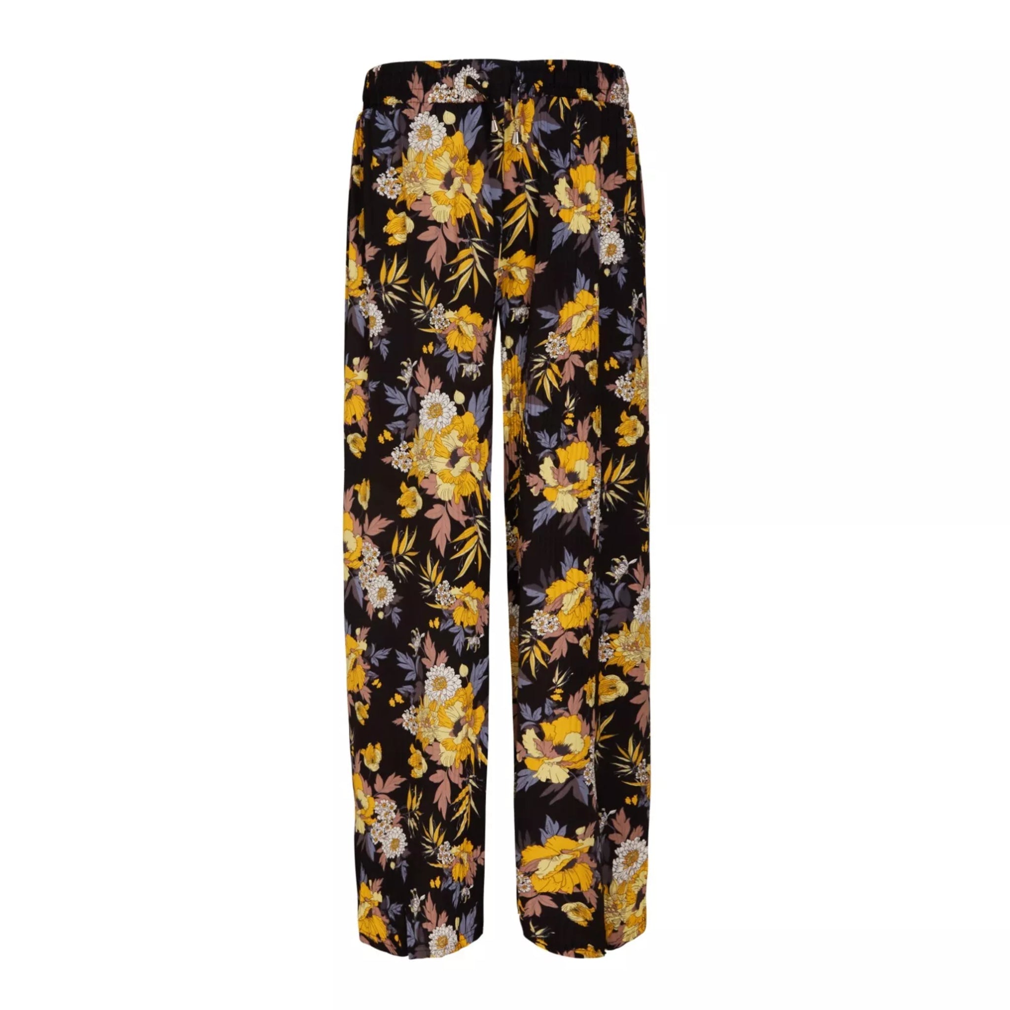 Ladies floral palazzo trousers – lightweight wide leg summer pants with black background and yellow flower pattern